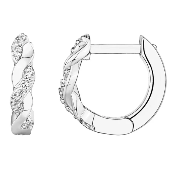14K White Gold Plated Cubic Zirconia Huggie Hoop Twisted Earrings - Picture 1 of 5
